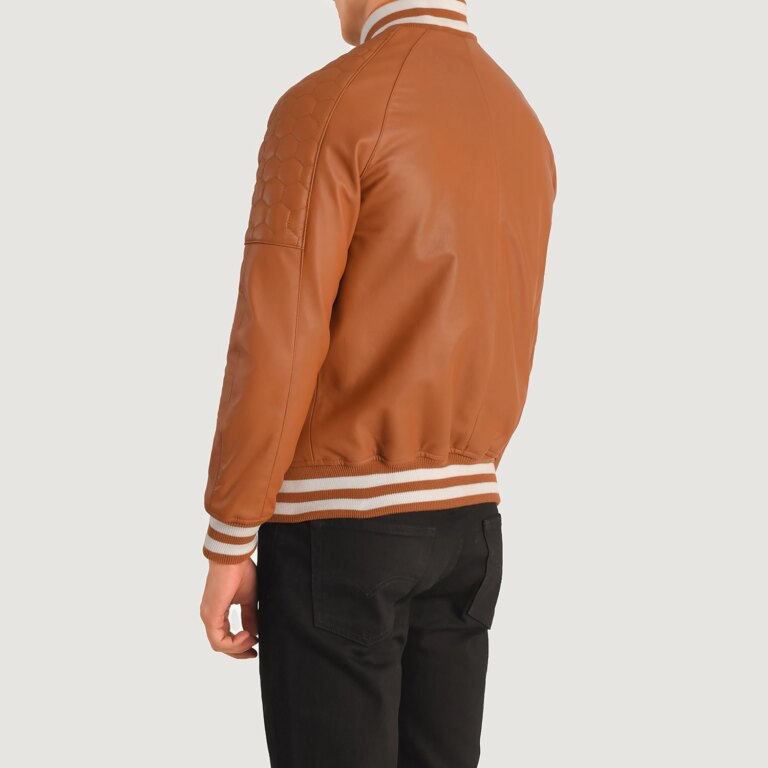 Mens Pascal Tan Brown Leather Varsity Jacket Tilted Back-8-1704124685016